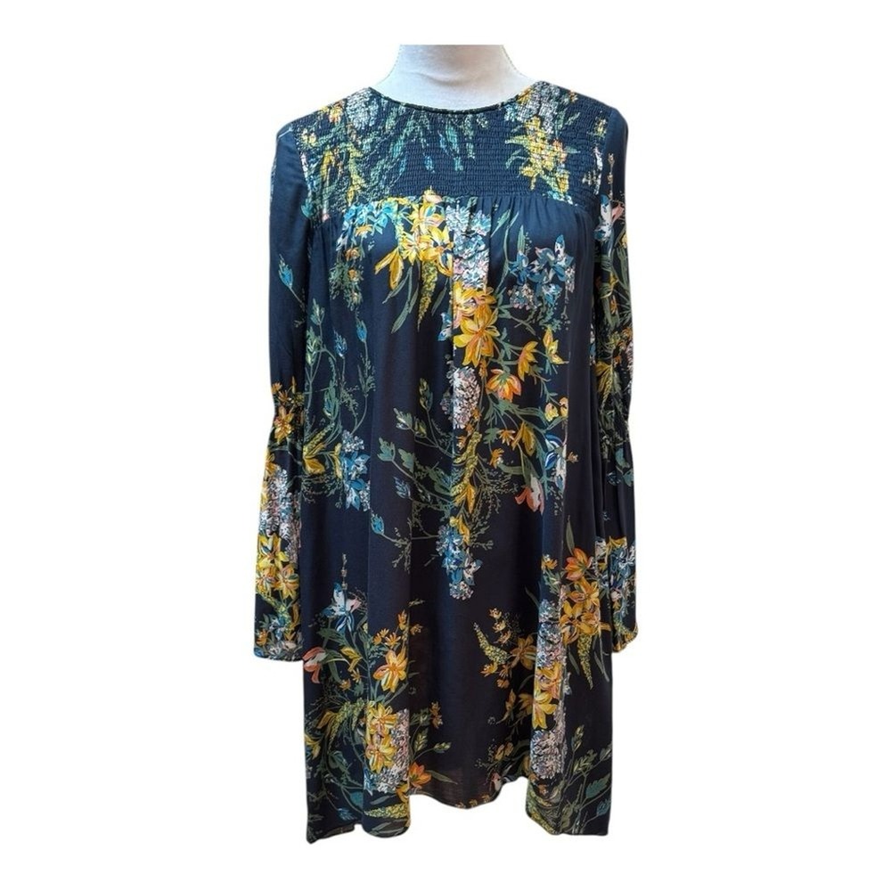 Zara Basic Z1975 Denim Floral Smocked Bell Sleeve Shift Dress Navy XS